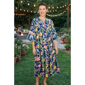 Vtg  70s David Brown Patio Dress  S Cascading Flowers Long Mod Floral